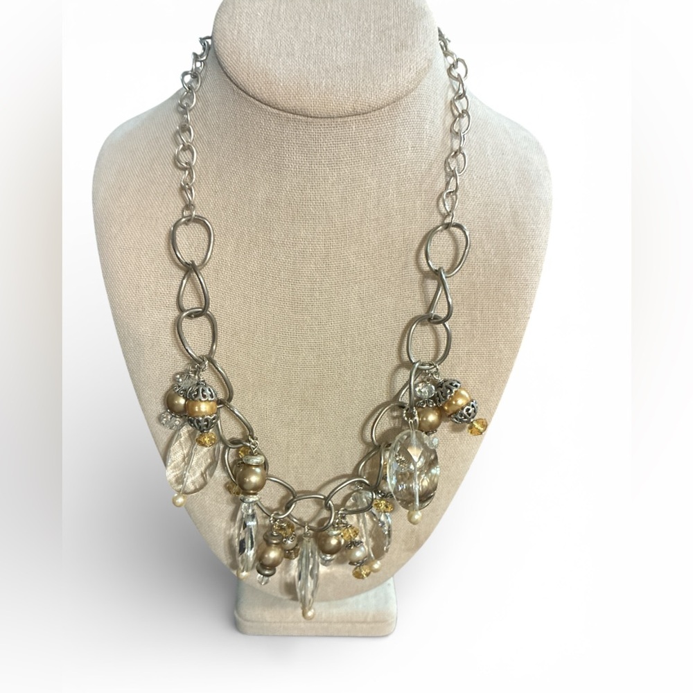 Clear Pearl Beaded Silver Chain Necklace
